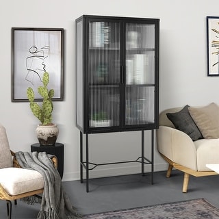Floor Cabinet with 2 Tampered Glass Doors Living Room Display Cabinet with Adjustable Shelves
