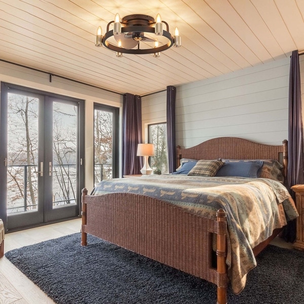 20 in. Modern Farmhouse Flush mount Ceiling Fan Light with Remote Black 6-Light LED Low Profile Ceiling Fan for Bedroom