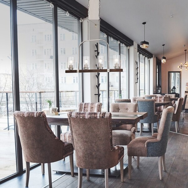 Brushed Nickel and Wood 4-Light Linear Island Lighting with Seedy Glass - Brushed Nickel and Wood