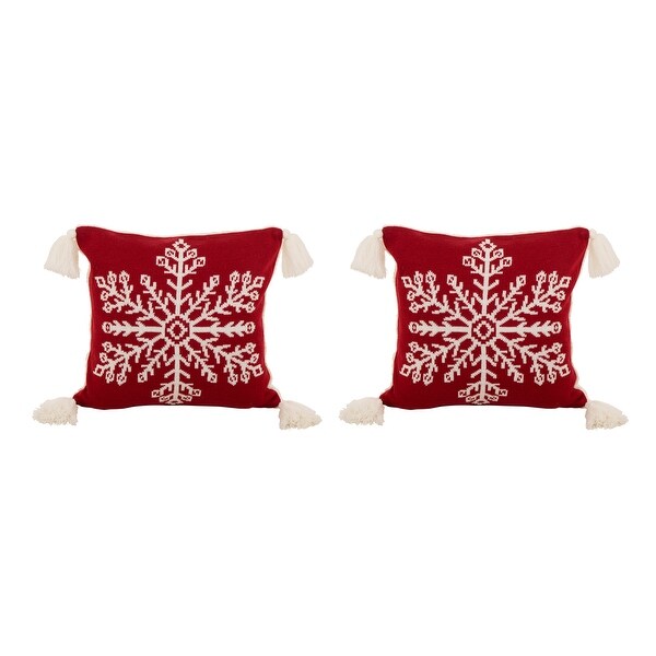 Glitzhome 18-Inch Knitted Snowflake Red Pillow Cover with Tassels