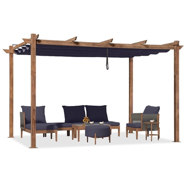 PURPLE LEAF Wood Grain Metal Frame Pergola with Retractable Canopy