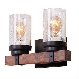 Anmytek Farmhouse Wall Sconce Light Fixtures Wood Metal 2-Light Bathroom Vanity Lights Over Mirror with Bubble Glass Shade
