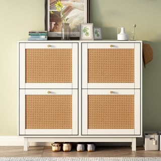 Free Standing Rattan Boho Style 2-Tier Shoe Cabinet with 4 Flip Drawers
