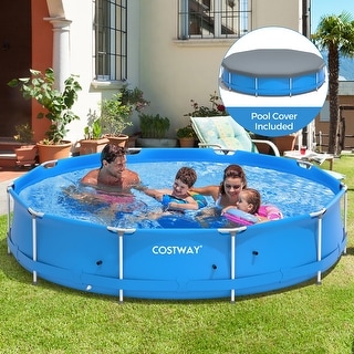 Costway Round Above Ground Swimming Pool Patio Frame Pool W/ Pool