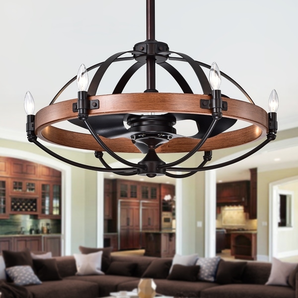 Gredis Black/Wood Finish Metal 6-light 30-inch Ceiling Fan Chandelier