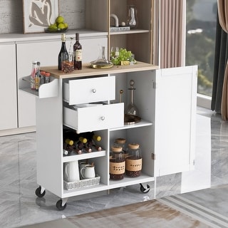Kitchen Cart Rubber Wood Top Kitchen Island with Spice Rack and Towel Rack & Two Drawers with 4 Wheels for Dining Rooms Kitchens