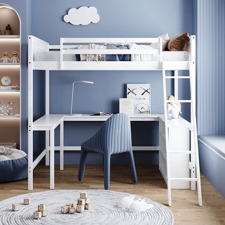 Wooden Full size Loft Bed with Desk and Shelves