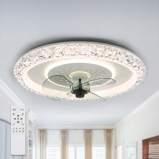 Bella Depot White Modern Flush Mount Ceiling Fan,6- Speed Low Profile Crystal Ceiling Fan with Remote and Dimmable Light
