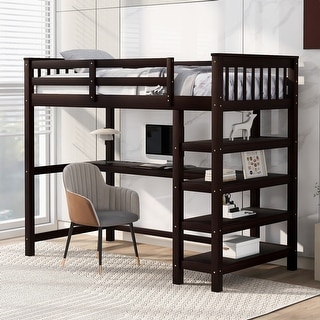 Twin Size Loft Bed High-quality Solid Pine Wood and MDF Bed with Storage Shelves and Under-bed Desk, Full-length Guardrail