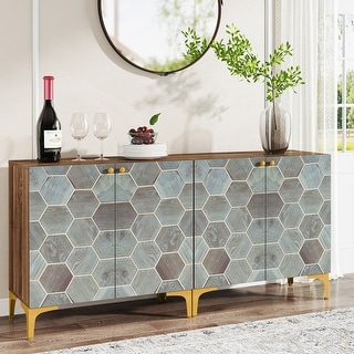 63 Inches Buffet Sideboard Storage Cabinet, Modern Hexagon Colorful Pattern Display Cabinet
