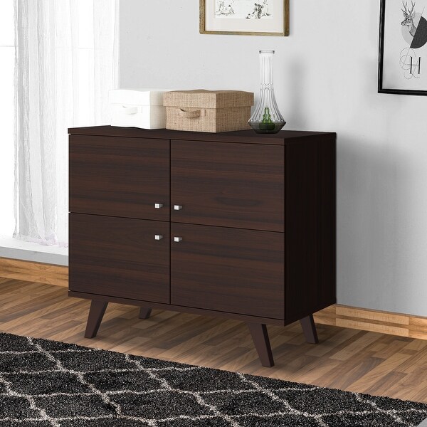 35 Inch Wooden Multipurpose Storage Cabinet with 4 Doors and Angled Legs, Dark Brown