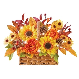 LED Lighted Autumn Floral Basket Decoration - 10.130 x 9.500 x 7.130