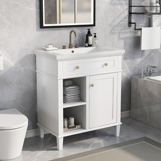 30" Wooden Bathroom Vanity with Ceramic Sink Set,White