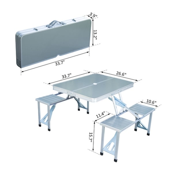 Outsunny 4 Person Aluminum Portable Folding Suitcase Picnic Table Set with Umbrella Hole & Compact Design - Silver