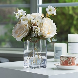 Enova Home Mixed Artificial Silk Roses Flowers Arrangement in Clear Glass Vase with Faux Water for Home Decór