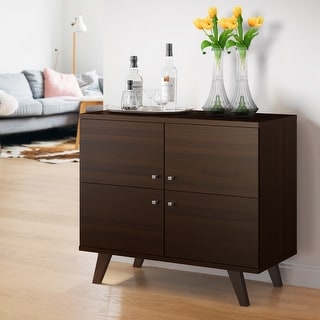 35 Inch Wooden Multipurpose Storage Cabinet with 4 Doors and Angled Legs, Dark Brown