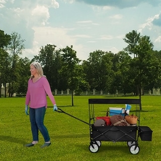 Black Folding Portable Hand Cart with Removable Canopy, 8" Wheels, Adjustable Handles and Double Fabric