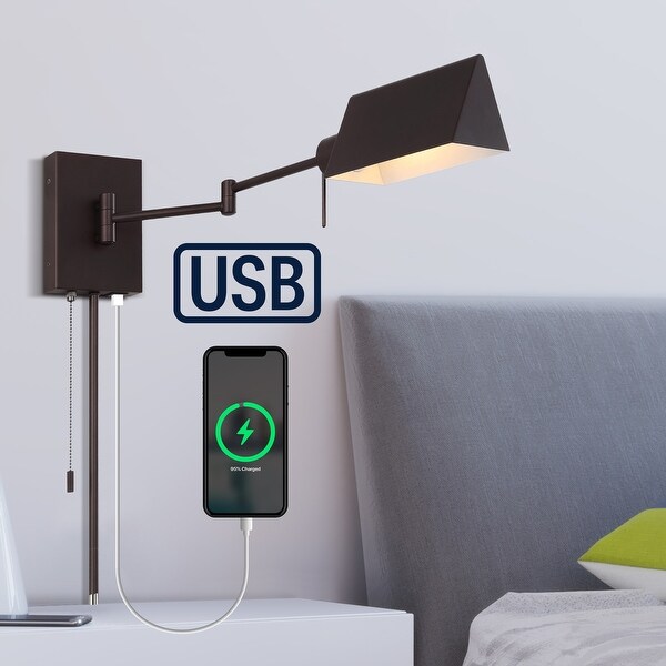 Curtis Farmhouse Swing Arm Plug-In or Hardwired Iron LED Wall Sconce with Pull-Chain with USB Charging Port, by JONATHAN Y