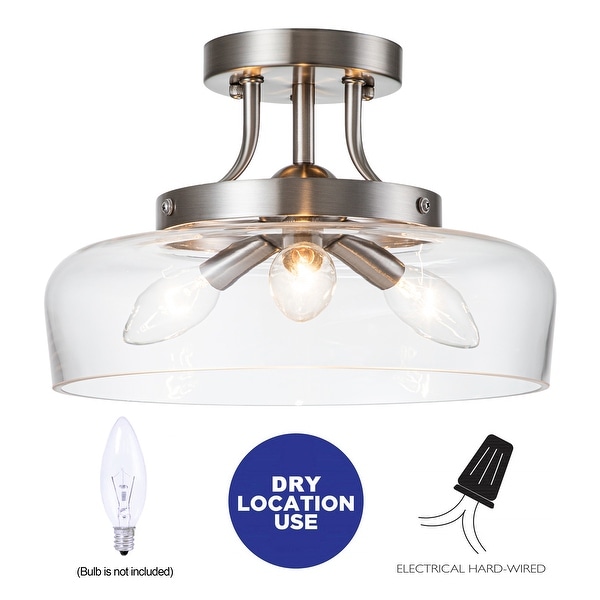 3-Light Satin Nickel Semi Flush Mount with Glass Shade