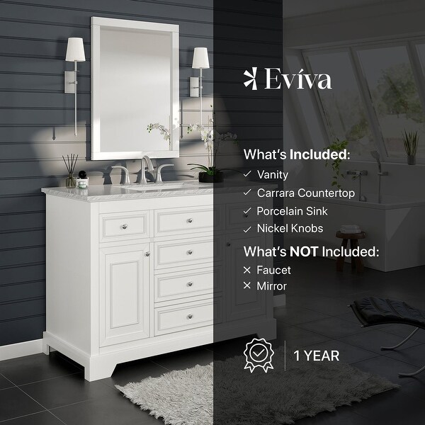 Eviva Monroe 48" White Transitional Bathroom Vanity w/ White Carrara Top