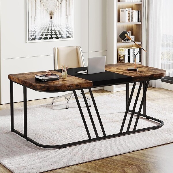 63" Executive Home Office Desk, Modern White and Gold