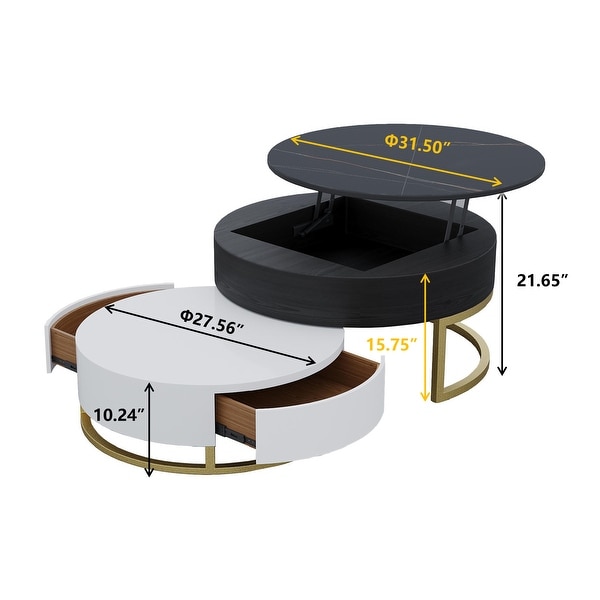 Lift-Top Round Coffee Table Set of 2 with Storage, 2 Pinewood Drawers, Swivel Tabletop, Nesting Design