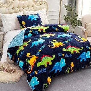 Kids Comforter Sherpa Set Twin Size with Pillow Sham Dinosaur