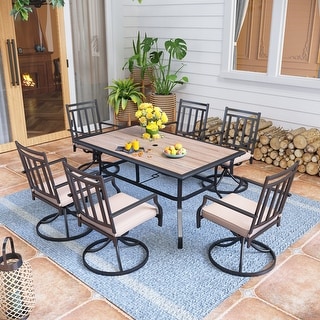 Patio Dining Set 7 Pieces Metal Furniture Set Outdoor, 6 x Swivel Chairs with 1 Wood Like Umbrella Table