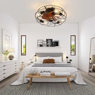 20 inch Flush Mount Ceiling Fan Light with Remote Cage Farmhouse Fandelier Black Wood Low Profile Ceiling Fan