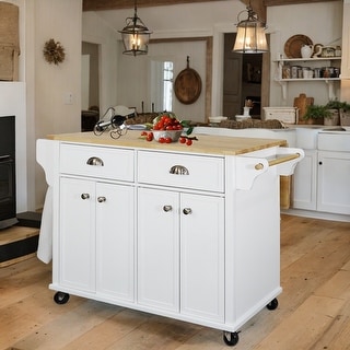 Natural Wood Kitchen Cart on 5 Wheels with Adjustable Shelves, White - N/A