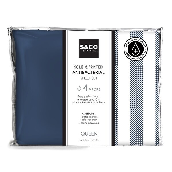 Antibacterial Printed Solid 4 Piece Double Navy Sheet Set