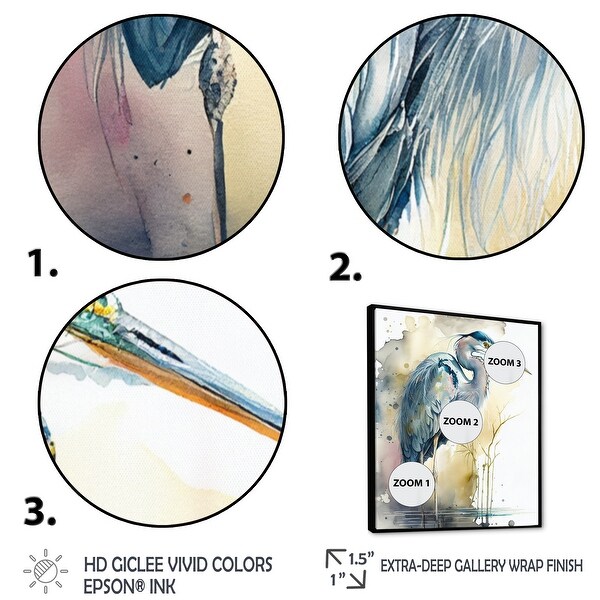 Designart "Heron By The Waterside Watercolour III" Animals Heron Framed Canvas Wall Art Print