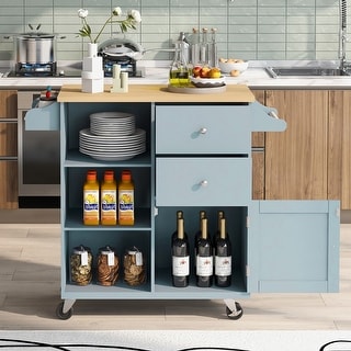 Kitchen Cart on 4 Wheels with 2 Drawers and 3 Open Shelves, Kitchen Island with Rubber Wood Top for Dinning Room