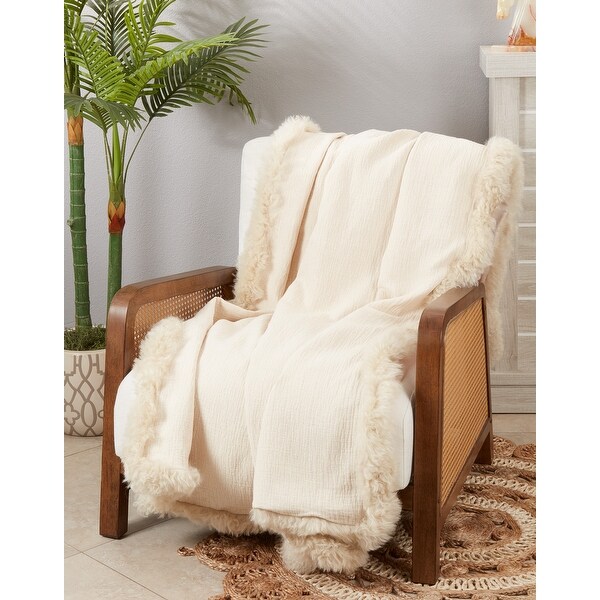 Luxe Lamb Fur Trimmed Linen Throw Blanket