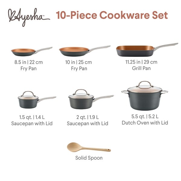 Ayesha Curry Home Collection Hard Anodized Aluminum Cookware Set, 10-Piece, Gray