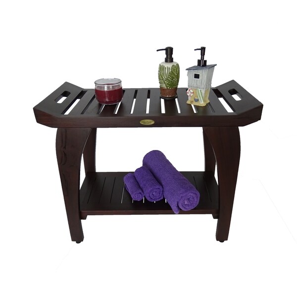 DecoTeak Tranquility 30" Extended Height Solid Teak Shower Bench With Shelf in WoodLand Brown Finish