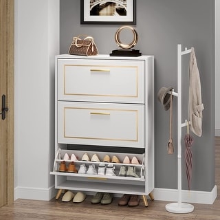 Shoe Cabinet, Wood Shoe Storage Cabinet with 3 Flip Drawers, Narrow Freestanding Shoes Rack Cabinet