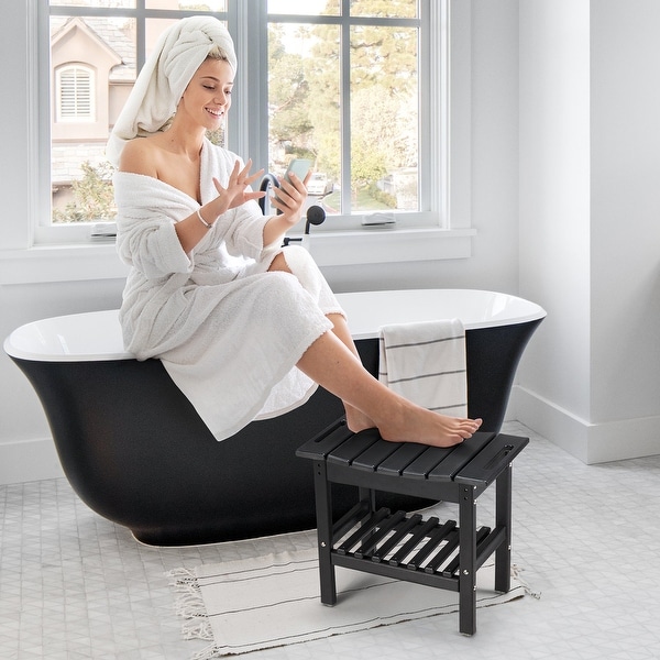 EROMMY HDPE Shower Bench Spa Stool with Storage Shelf for Inside Shower, 2-Tier Seat, Foot Rest for Bathroom, Black