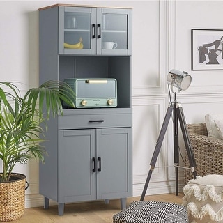 EROMMY Kitchen Hutch Cabinet, Storage Kitchen Pantry with Shelves, Drawer, Framed Glass Doors, and Open Microwave Countertop