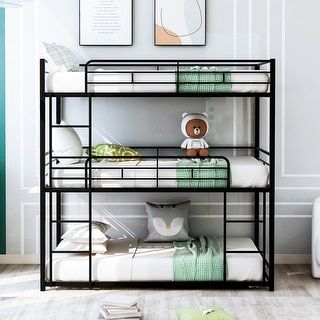 Metal Triple Bunk Bed with Ladder and Guardrails
