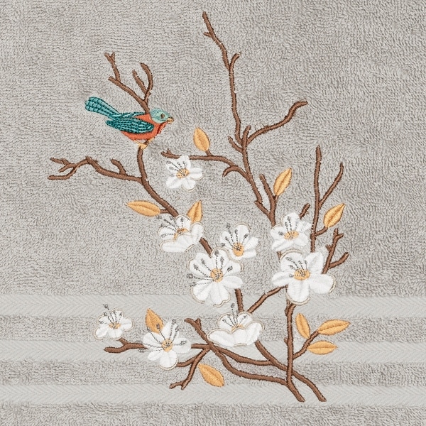 Authentic Hotel and Spa Turkish Cotton Blue Bird Embroidered Light Grey 2-piece Bath Towel Set