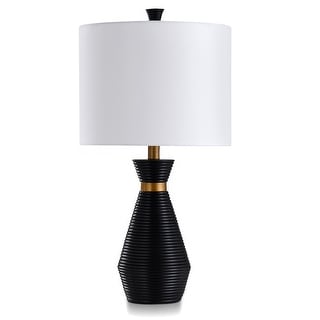 Gemma - Washboard Round Column Resin Table Lamp - Gloss Black, Gold - White Linen Shade