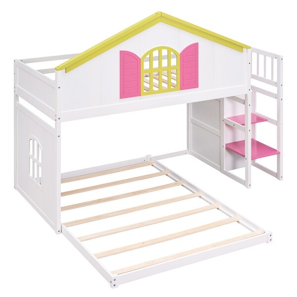 Castle Style Twin over Full Bunk Bed with Pink Staircase & Drawers, Solid Wood Slats Support, Adorable Style for Kids' Bedroom