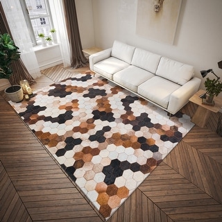 Indoor/ Outdoor Laredo Micro Hexegon Faux Hide Patchwork Washable Area Rug