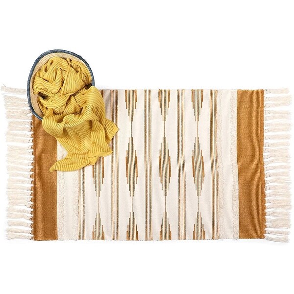 Yellow Bohemian Bathroom Rug with Tassels, Bohemian Style Mat (23.6 x 35 Inches)