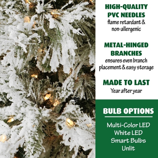 Fraser Hill Farm 12-foot Flocked Snowy Pine Artifical Christmas Tree With Clear LED String Lighting