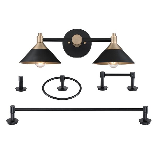 Nathan James Richie Vintage 2-Light Bathroom Light Fixture with Black Shades and 4-Piece Metal Bathroom Accessory Set