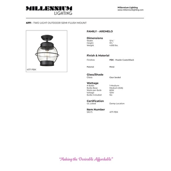 Millennium Lighting Aremelo 1 Light Outdoor Semi-Flush Mount Ceiling Fixture in Powder Coat Black