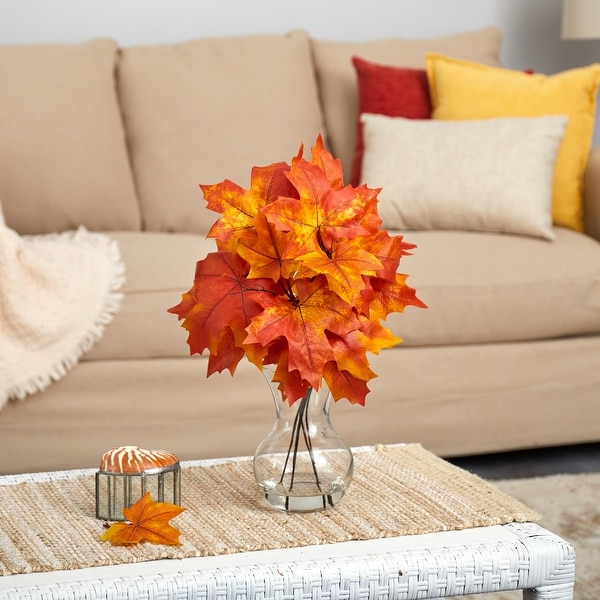 18" Autumn Maple Leaf Artificial Plant in Glass Planter