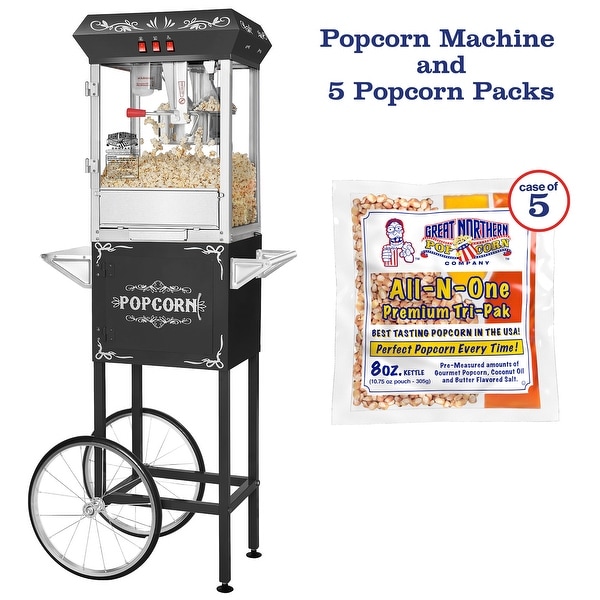 Foundation Popcorn Machine and Cart and 5 All-In-One Popcorn Packs by Great Northern Popcorn (Black)